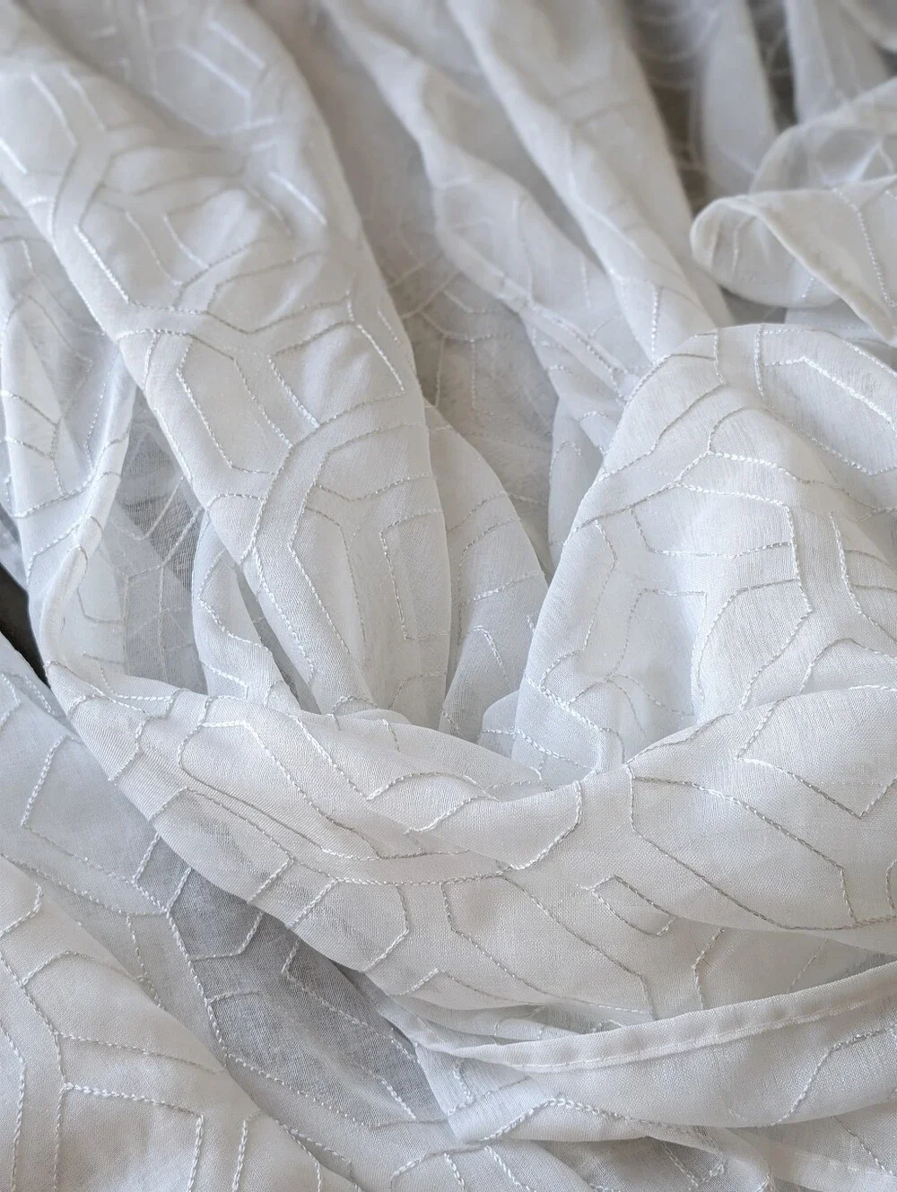 4 White Sheer Curtain Panels 82x32 Metallic Embroidered Geometric Grommet Top
